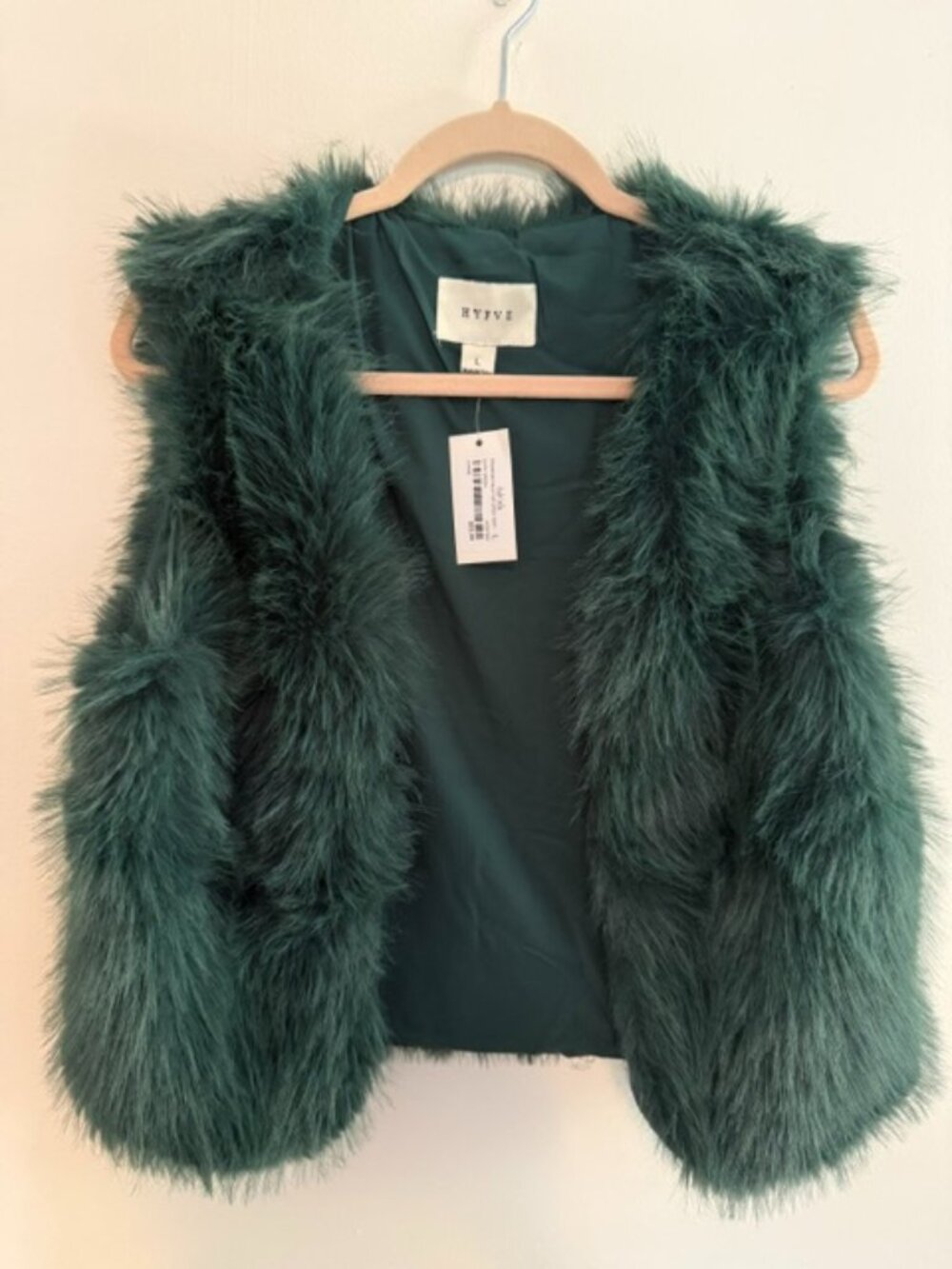 NWT HYFVE Dark Green Frances Faux Fur Open Vest